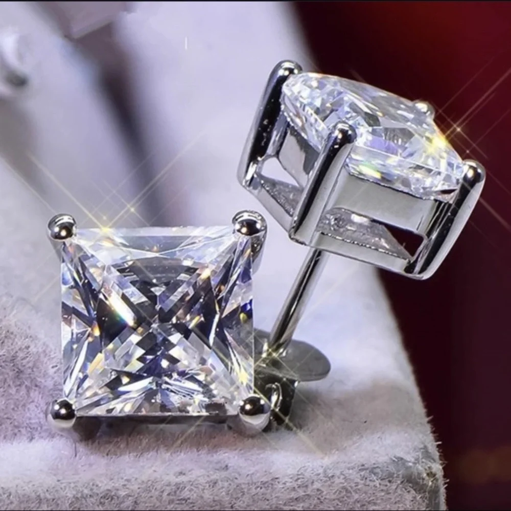 4-7mm Square Cut VVS Diamond 925 Silver Pin Studs